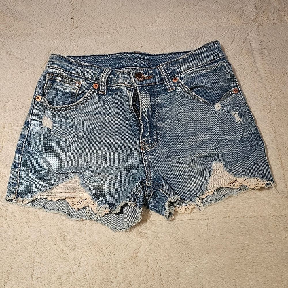 Distressed Denim Lace Trim Shorts, Women Shorts Size 0.